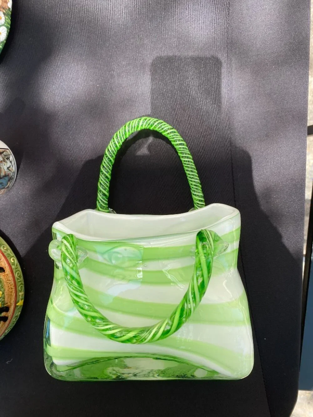 “Vintage Murano Style Glass Purse Vase – Green & White Striped Handbag Vase | Re